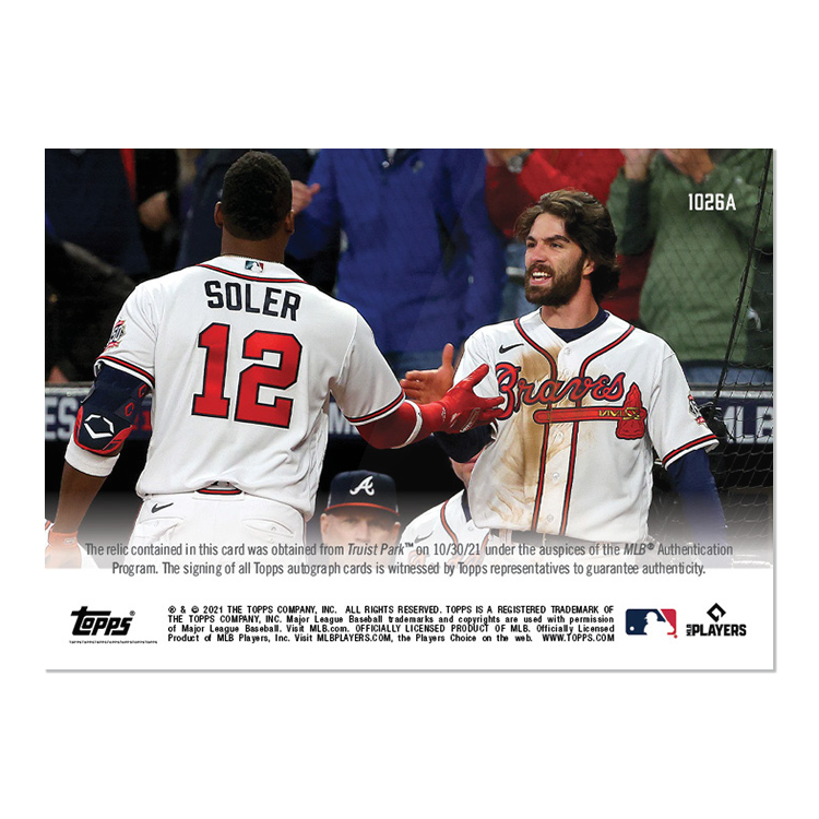 On-Card Auto-Relic # to 99 - Dansby Swanson / Jorge Soler - 2021 MLB TOPPS NOW Card 1026A - Image 2