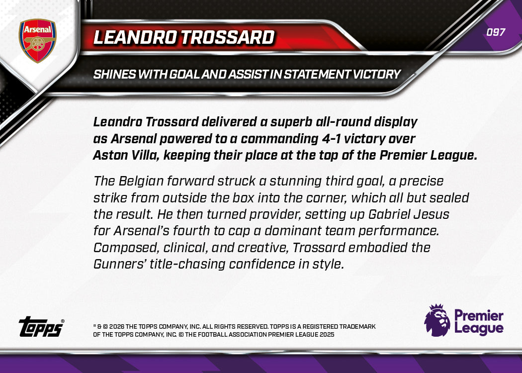Leandro Trossard - 2025-26 Premier League Topps NOW - Card 97 - PR: 854 - Image 7