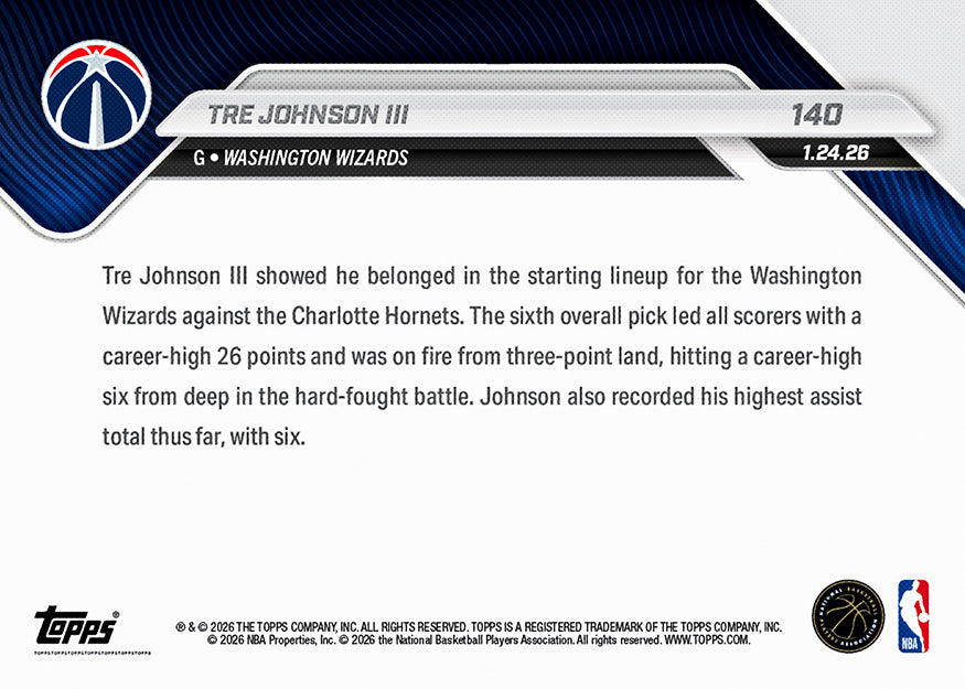 Tre Johnson III - 2025-26 NBA Topps NOW - Card 140 - PR: 583 - Image 2