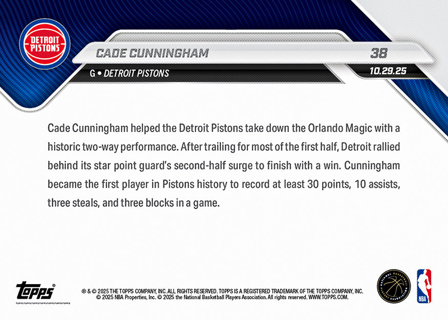Cade Cunningham - 2025-26 NBA Topps NOW - Card 38 - PR: 701 - Image 2