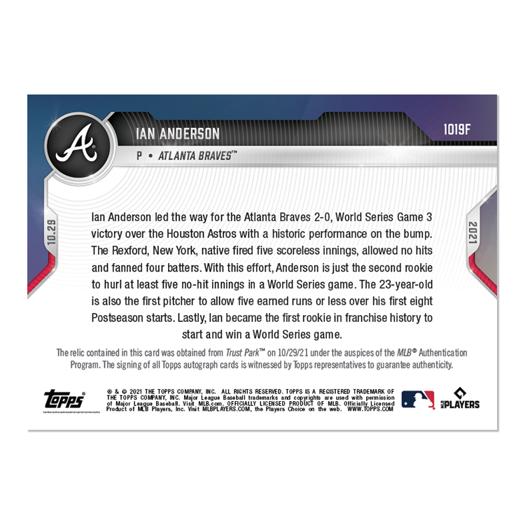 On-Card Auto-Relic # to 1 - Ian Anderson - 2021 MLB TOPPS NOW Card 1019F - Image 2
