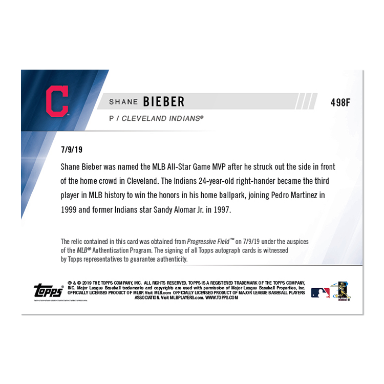 On-Card Autograph Ball Relic # to 1 - Shane Bieber - MLB TOPPS NOW Card 498F - Image 2