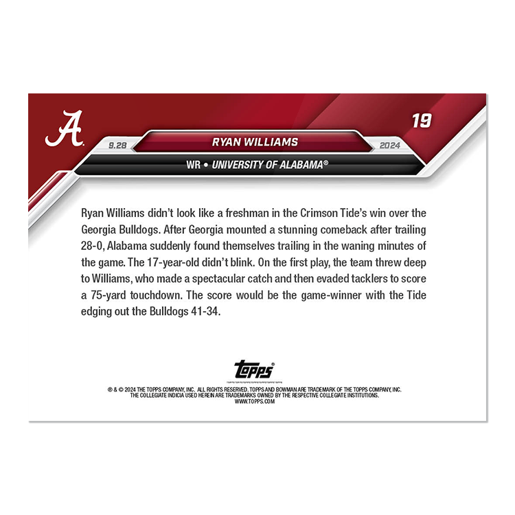Ryan Williams - 2024 Bowman U NOW Football Card 19 - LOOK FOR AUTOS - PR: 10,101 - Image 2