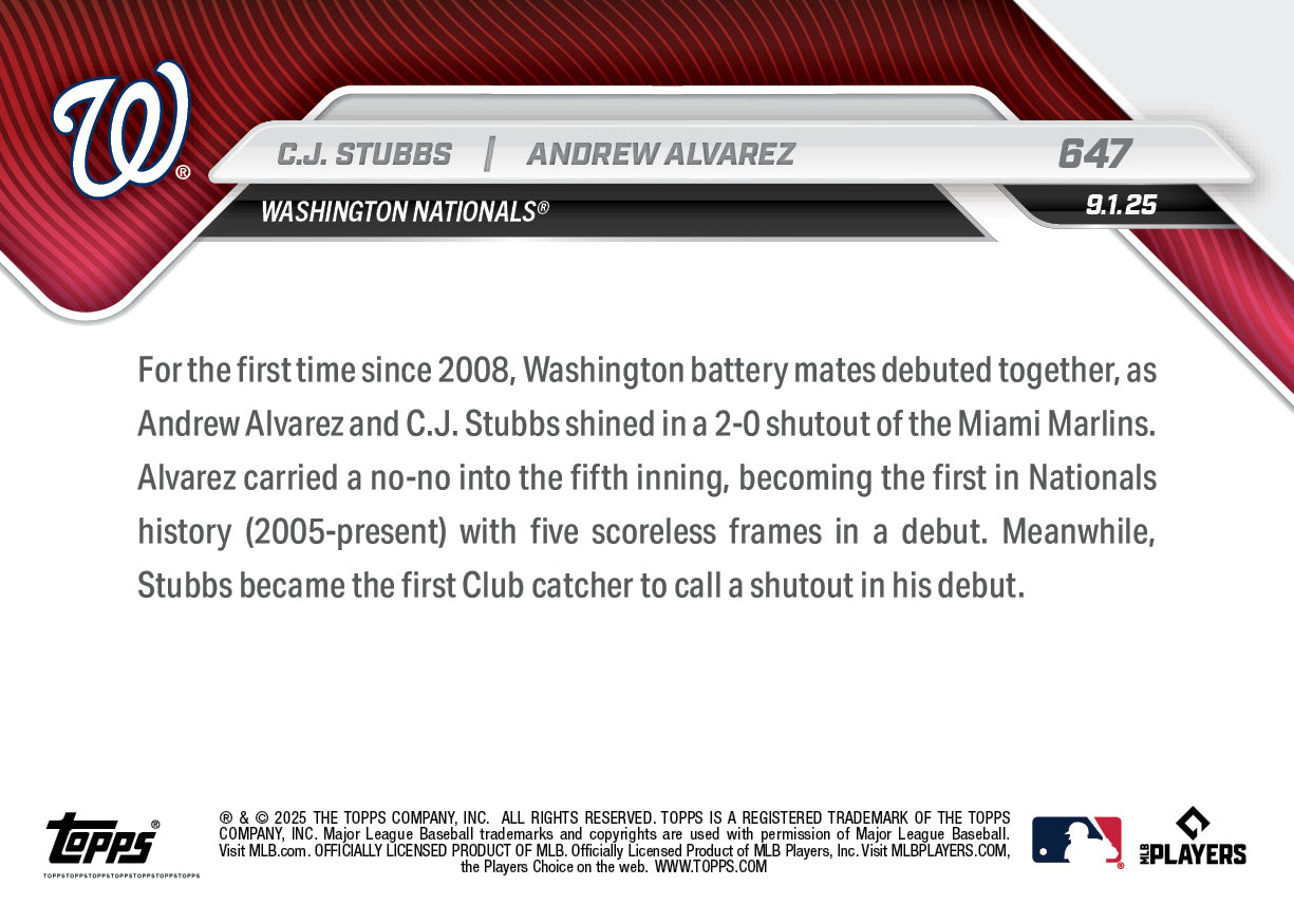 C.J. Stubbs / Andrew Alvarez - 2025 MLB Topps NOW - Card 647 - LOOK FOR RELICS - PR: 1067 - Image 3