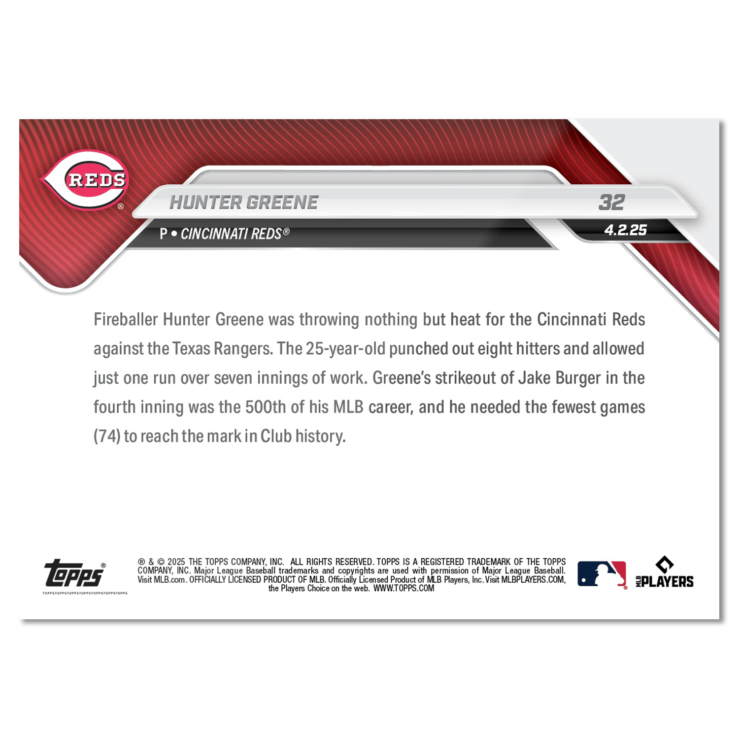 Hunter Greene - 2025 MLB Topps NOW - Card 32 - PR: 494 - Image 2