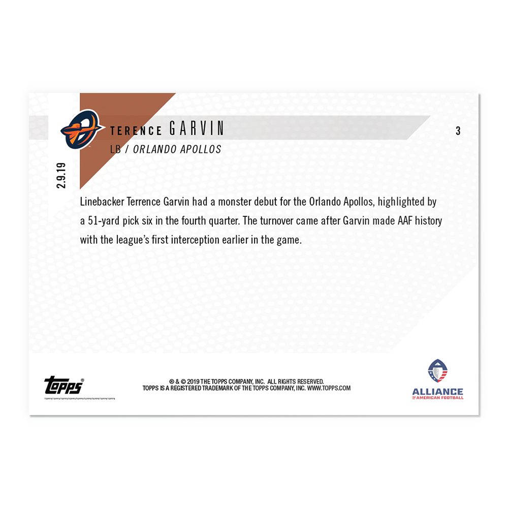 Terence Garvin - AAF TOPPS NOW Card 3 - Print Run: 312 - Image 2