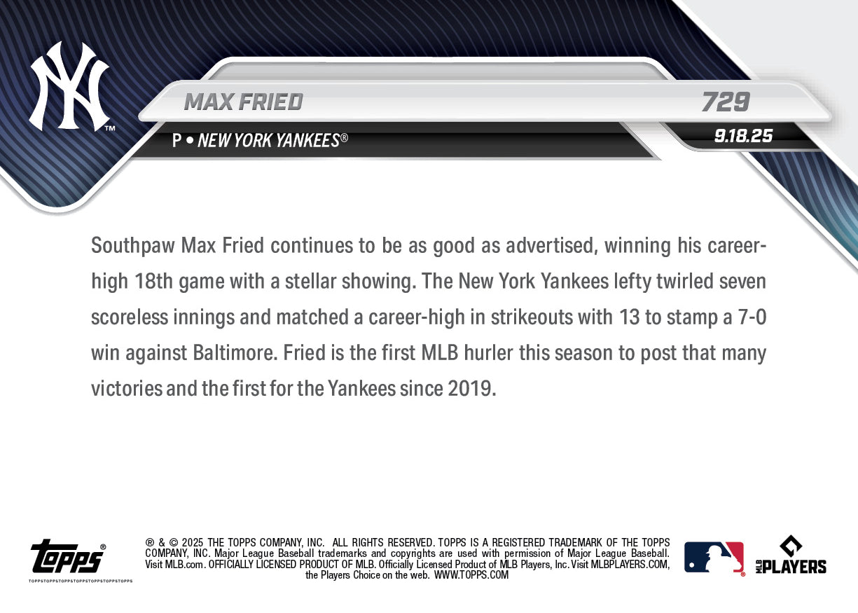 Max Fried - 2025 MLB Topps NOW - Card 729 - PR: 699 - Image 2