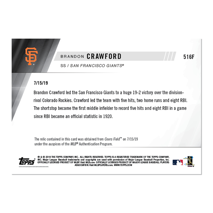 Game-Worn Jersey Relic # to 1 - Brandon Crawford - MLB TOPPS NOW Card 516F - Image 2