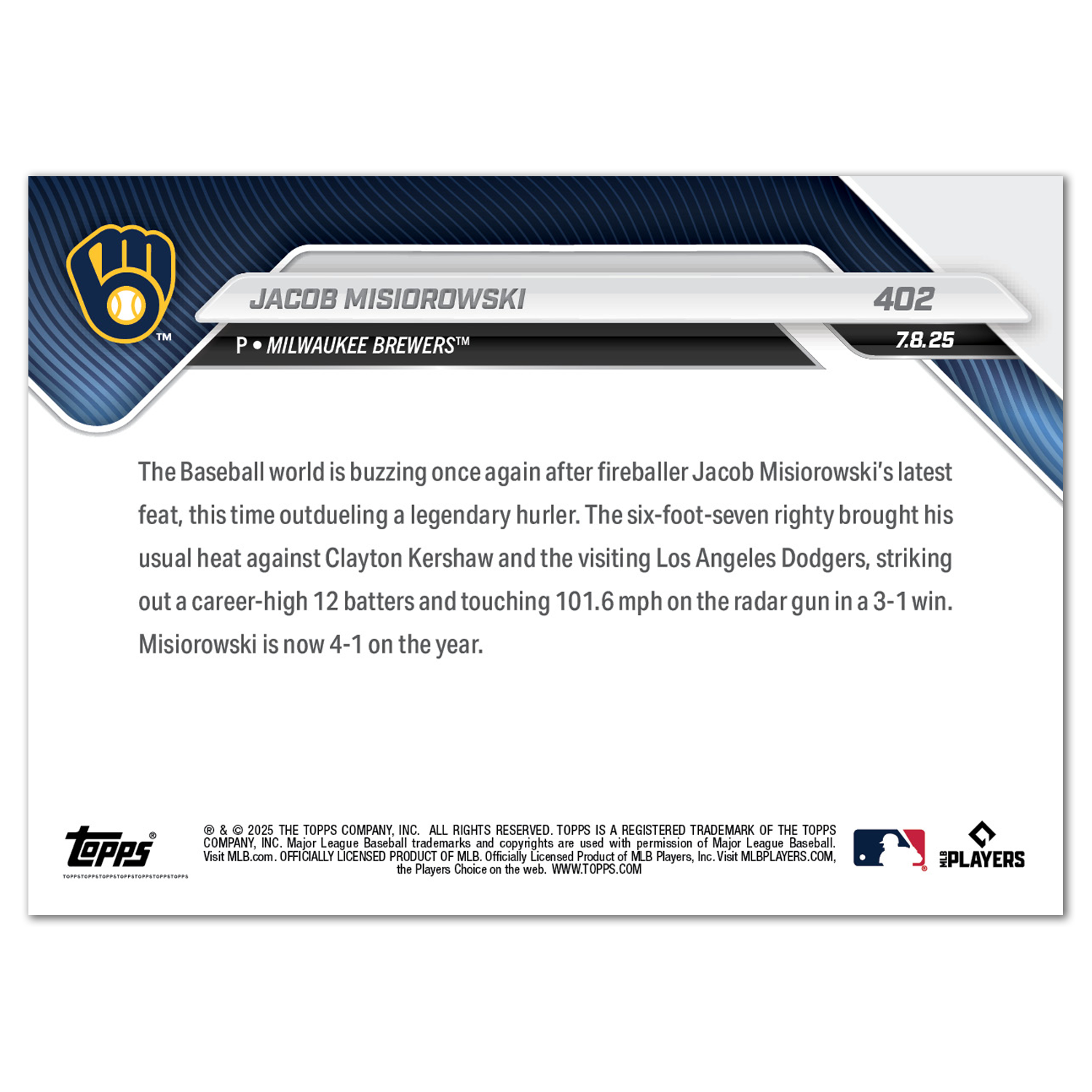 Jacob Misiorowski - 2025 MLB Topps NOW - Card 402 - LOOK FOR AUTOS - PR: 7823 - Image 3