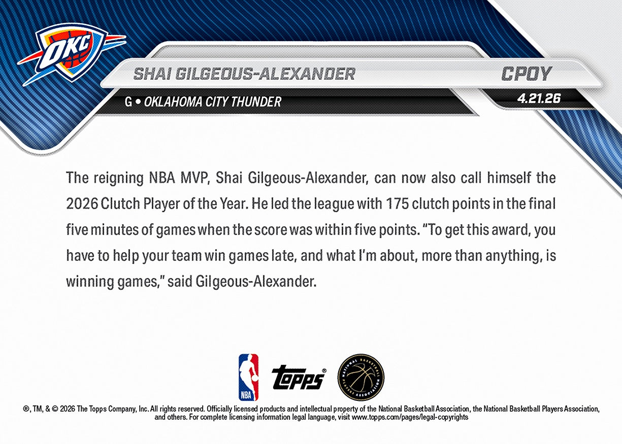 Shai Gilgeous-Alexander - 2025-26 NBA Topps NOW - Card CPOY - PR: 3962 - Image 2
