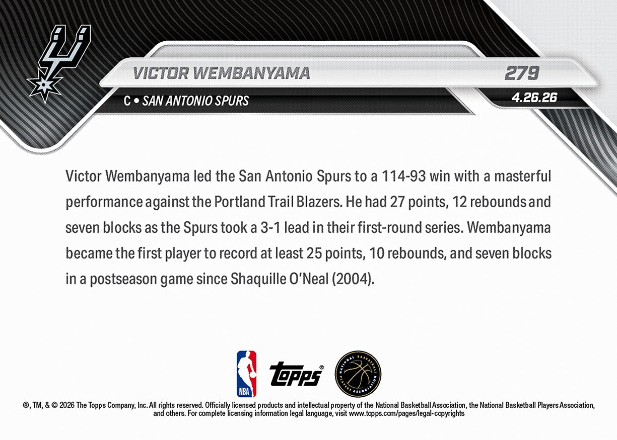 Victor Wembanyama - 2025-26 NBA Topps NOW - Card 279 - PR: 3936 - Image 2