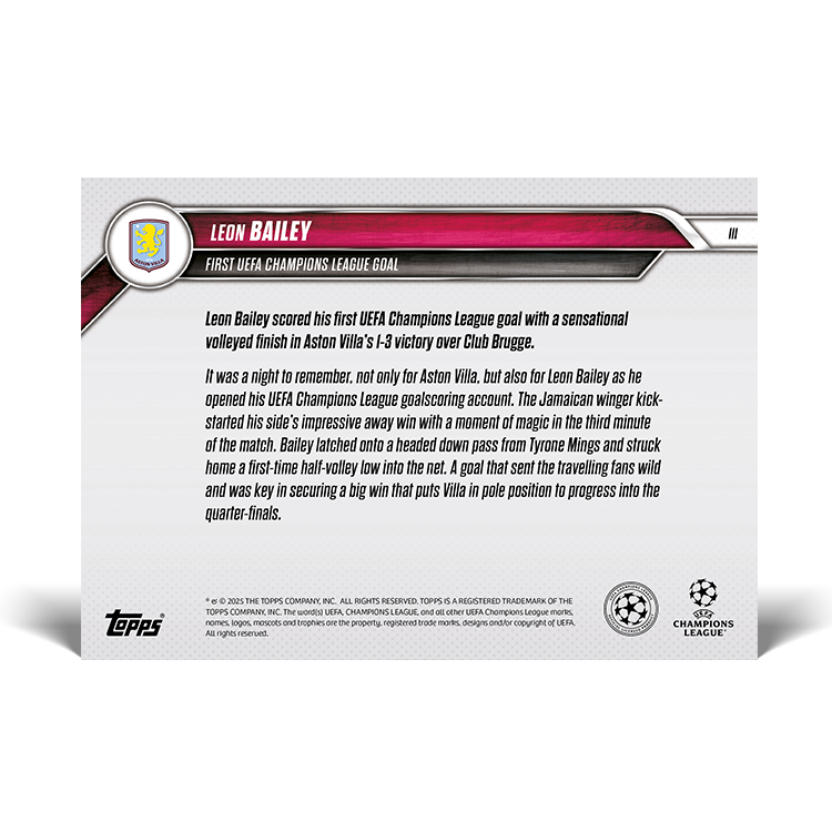 Leon Bailey - 2024-25 UCL Topps NOW Card 111 - PR: 168 - Image 7
