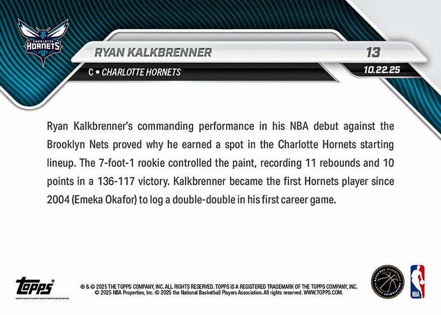 Ryan Kalkbrenner - 2025-26 NBA Topps NOW - Card 13 - PR: 508 - Image 2