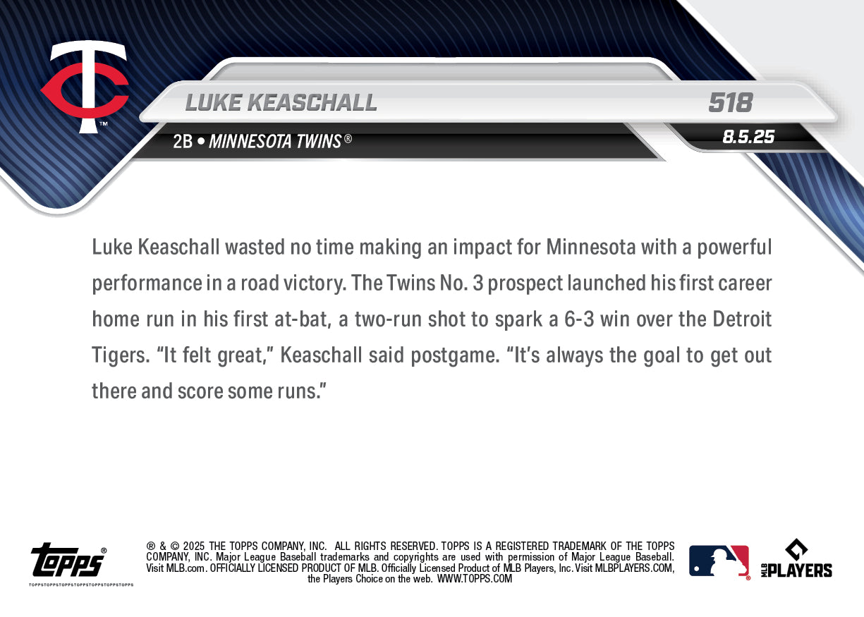 Luke Keaschall - 2025 MLB Topps NOW - Card 518 - PR: 1488 - Image 2