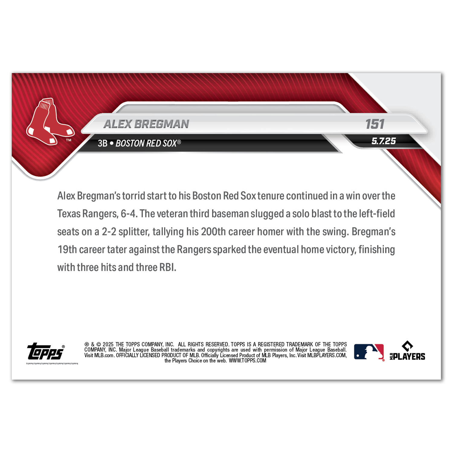 Alternative view of Alex Bregman - 2025 MLB Topps NOW - Card 151 - PR: 589