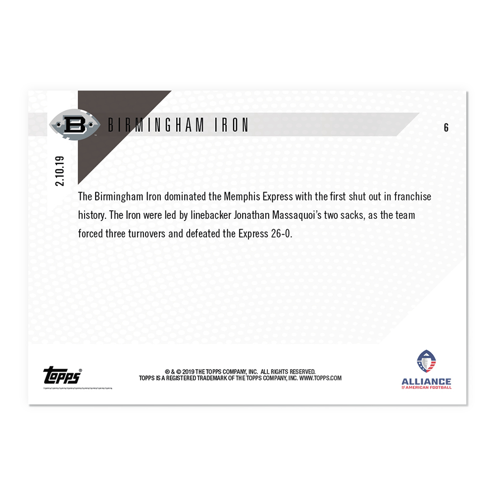 Alternative view of Birmingham Iron - AAF TOPPS NOW Card 6 - Print Run: 307