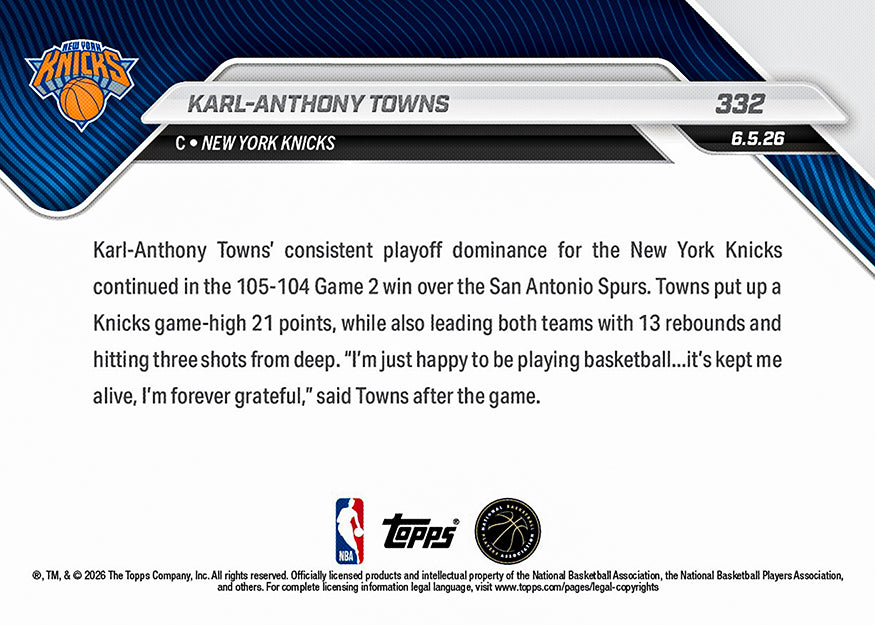 Karl-Anthony Towns - 2025-26 NBA Topps NOW - Card 332 - PR: 8020 - Image 4