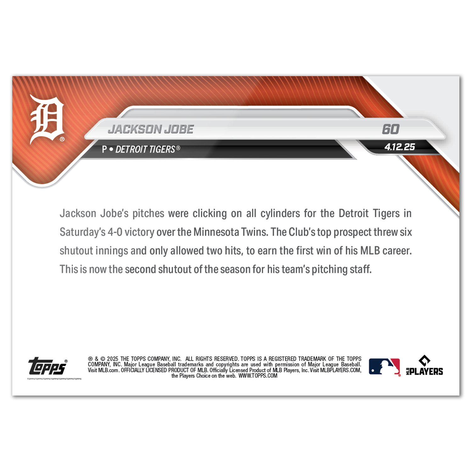 Jackson Jobe - 2025 MLB Topps NOW - Card 60 - PR: 2315 - Image 2
