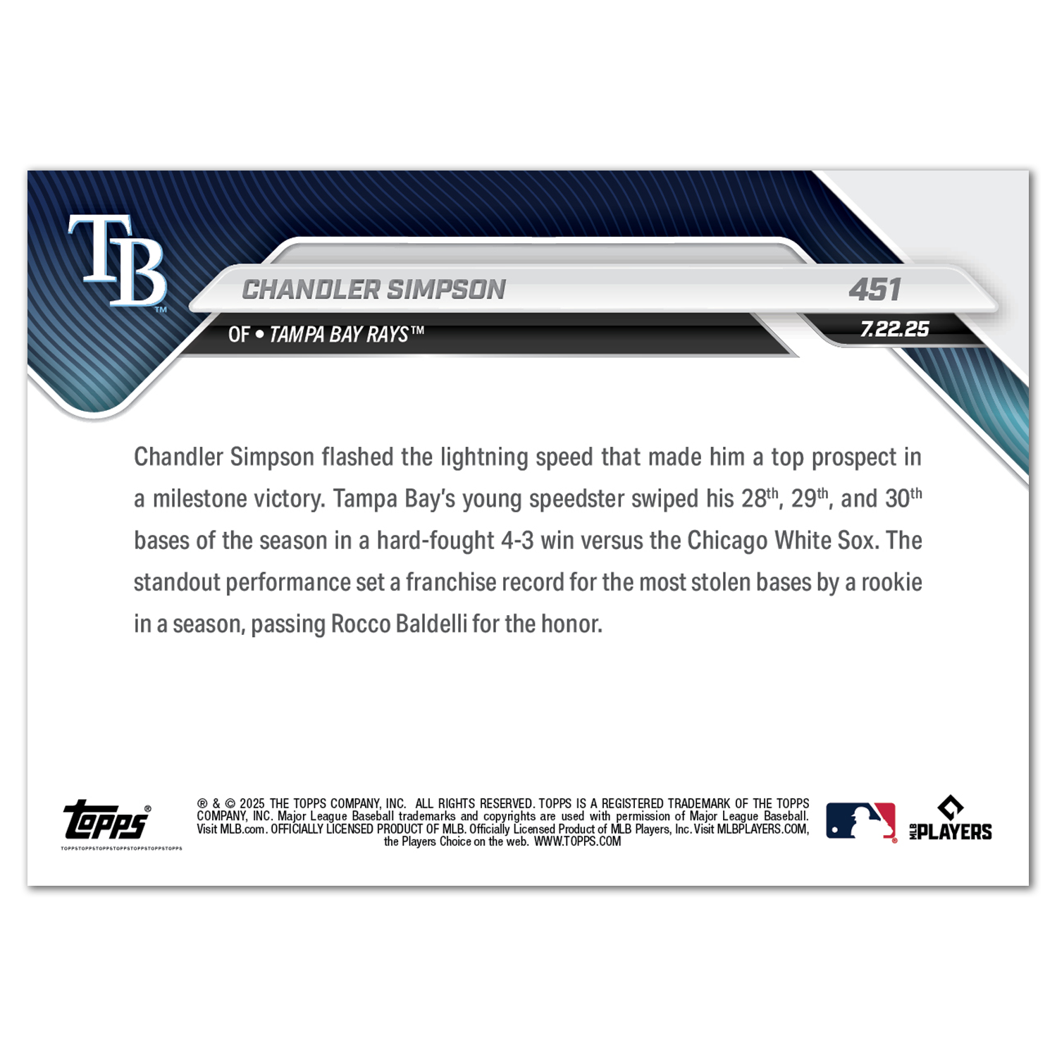 Chandler Simpson - 2025 MLB Topps NOW - Card 451 - PR: 632 - Image 2