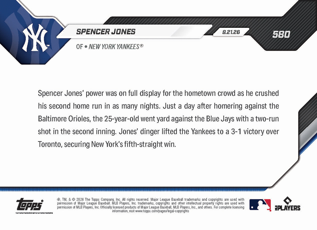 Spencer Jones - 2026 MLB Topps NOW - Card 580 - PR: 1530 - Image 2
