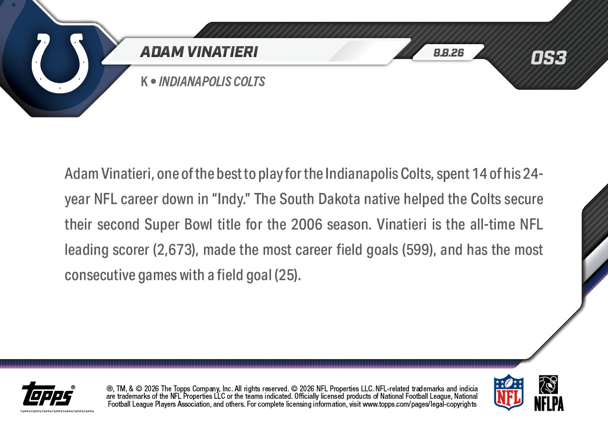 Adam Vinatieri - 2026 NFL Topps NOW - Card OS03 - PR: 1314 - Image 3