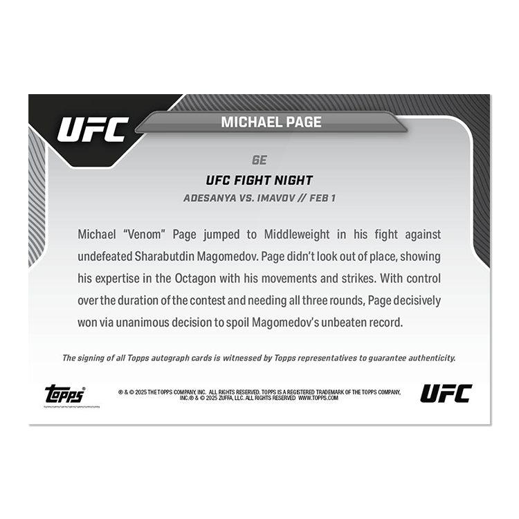 Autograph # to 50 or Lower - Michael Page - 2025 UFC Topps NOW - Card 6 - Image 3