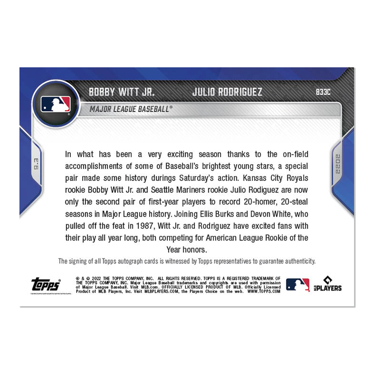 On-Card Auto # to 49 - Bobby Witt Jr./Julio Rodriguez - 2022 MLB TOPPS NOW Card 0833C - Image 2