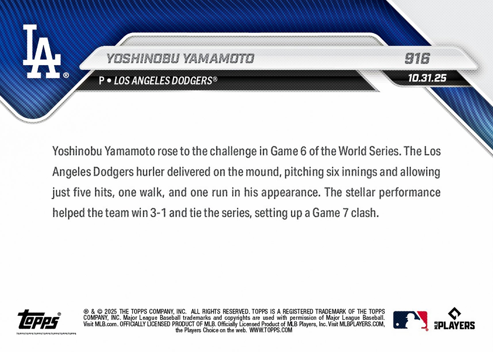 Yoshinobu Yamamoto - 2025 MLB Topps NOW - Card 916 - PR: 43189 - Image 3