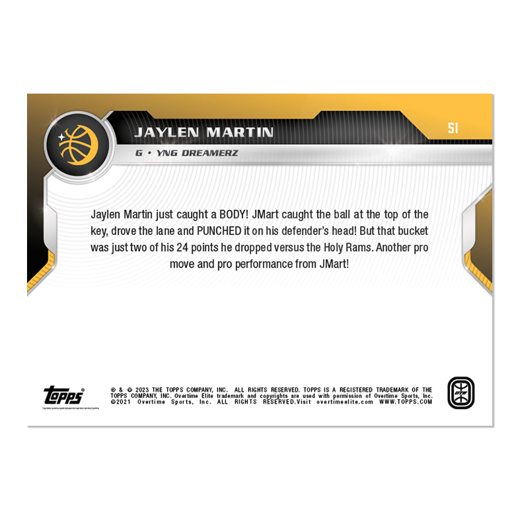 Alternative view of Jaylen Martin - 2022-23 Overtime Elite Topps Now Card 51 - PR: 44