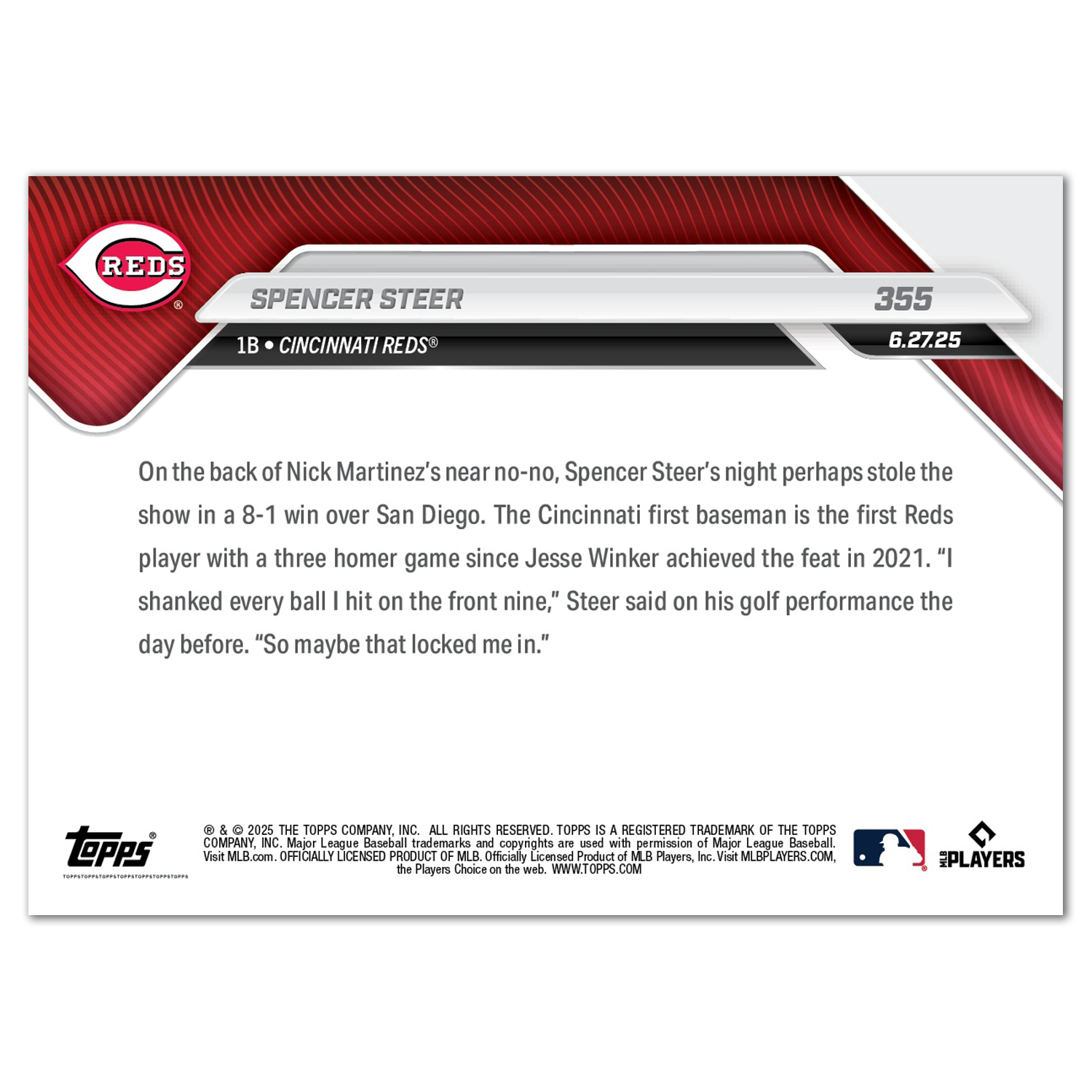 Spencer Steer - 2025 MLB Topps NOW - Card 355 - PR: 719 - Image 2
