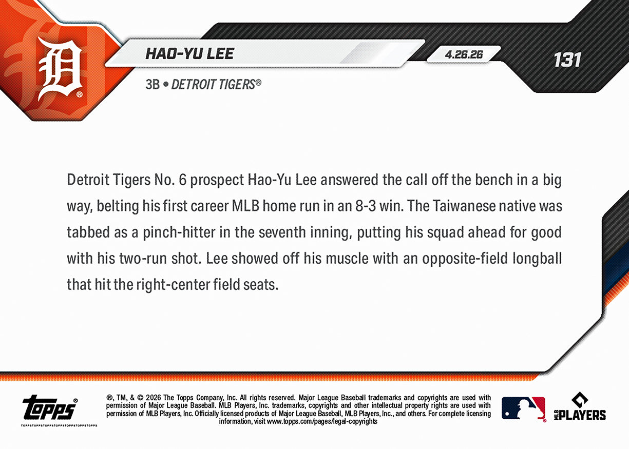 Hao-Yu Lee - 2026 MLB Topps NOW - Card 131 - PR: 6291 - Image 2