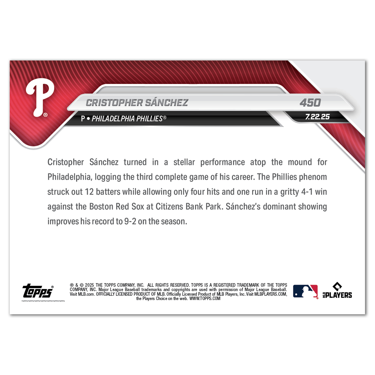 Cristopher Sánchez - 2025 MLB Topps NOW - Card 450 - PR: 941 - Image 2