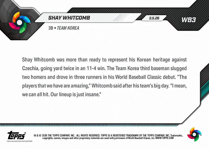 Shay Whitcomb - 2026 World Baseball Classic Topps NOW - Card 3 - PR: 920 - Image 2