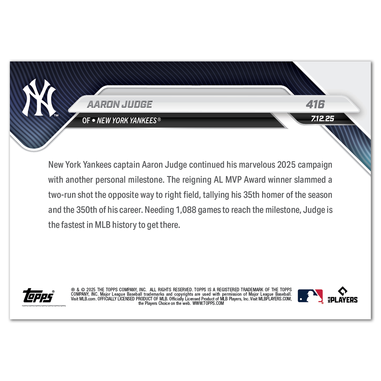 Aaron Judge - 2025 MLB Topps NOW - Card 416 - LOOK FOR AUTOS - PR: 16,838 - Image 3