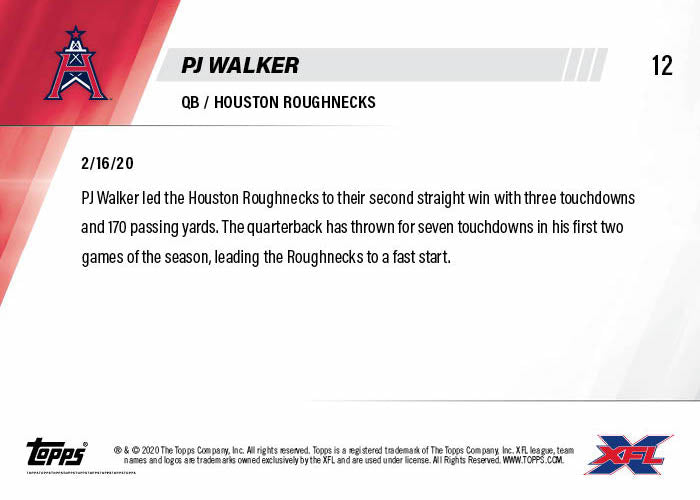 PJ Walker - XFL TOPPS NOW Card 12 - Print Run: 375 - Image 2
