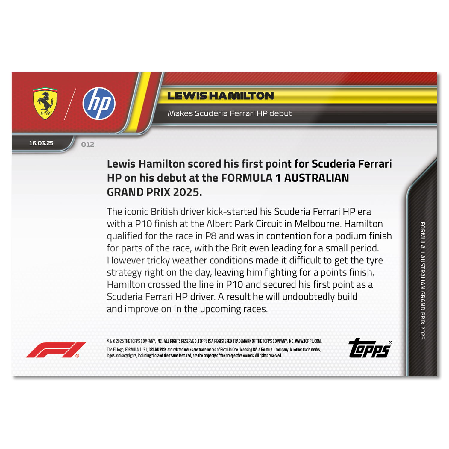Lewis Hamilton - 2025 Formula 1 Topps NOW Card 12 - PR: 13,264 - Image 2