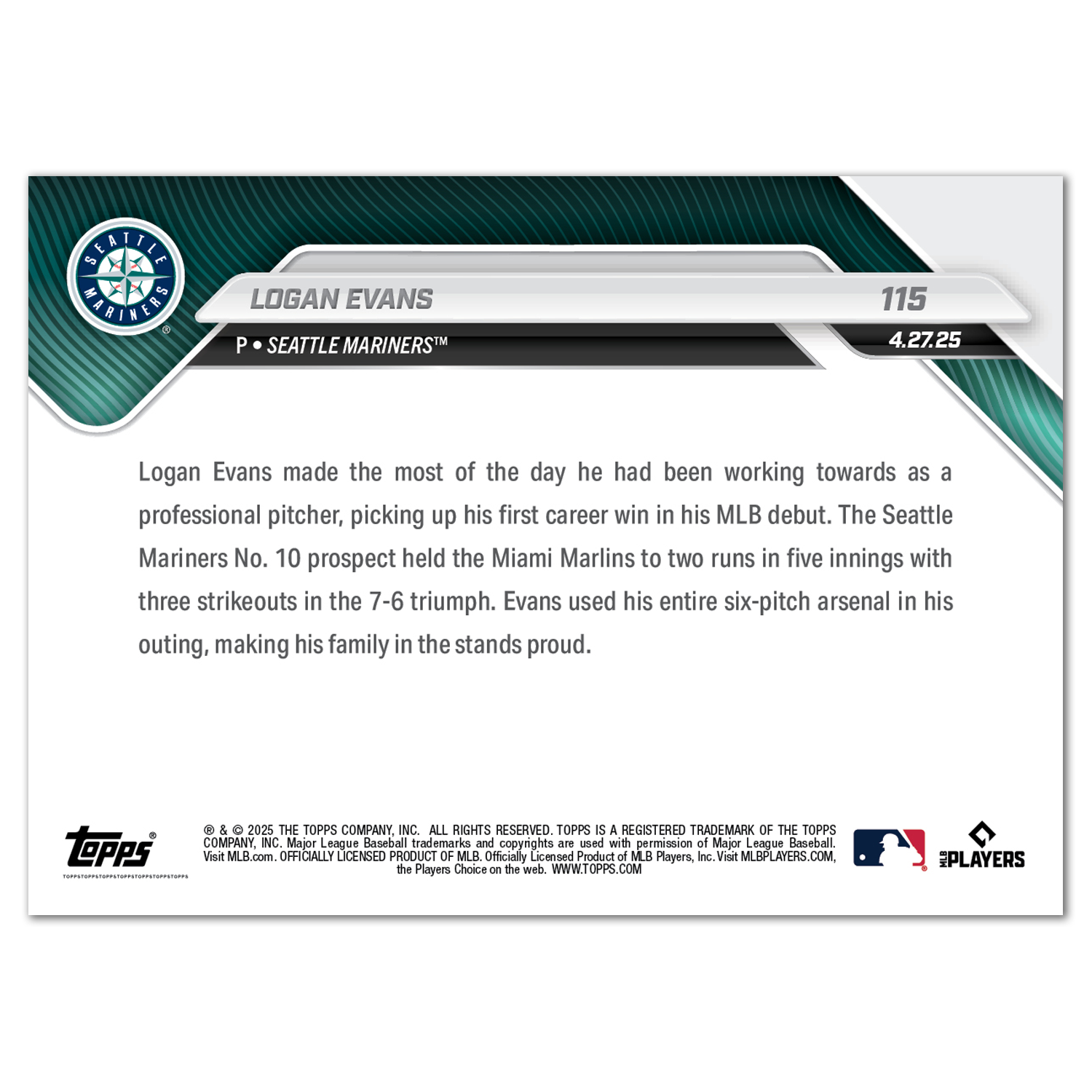 Logan Evans - 2025 MLB Topps NOW - Card 115 - PR: 726 - Image 2