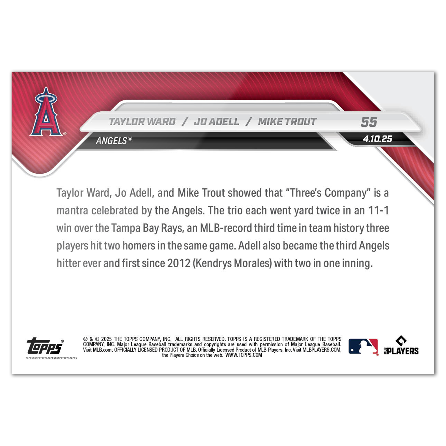 Taylor Ward/Jo Adell/Mike Trout - 2025 MLB Topps NOW - Card 55 - PR: 932 - Image 2