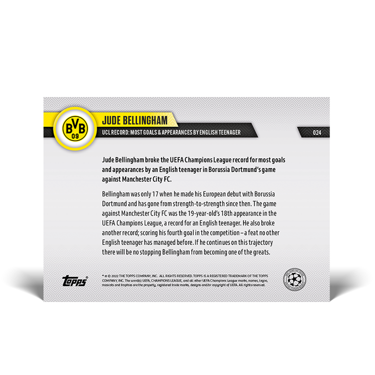 UEFA Champions League Record: Most goals and appearances by English teenager - UCL TOPPS NOW Card #24 - PR: 1255 - Image 2