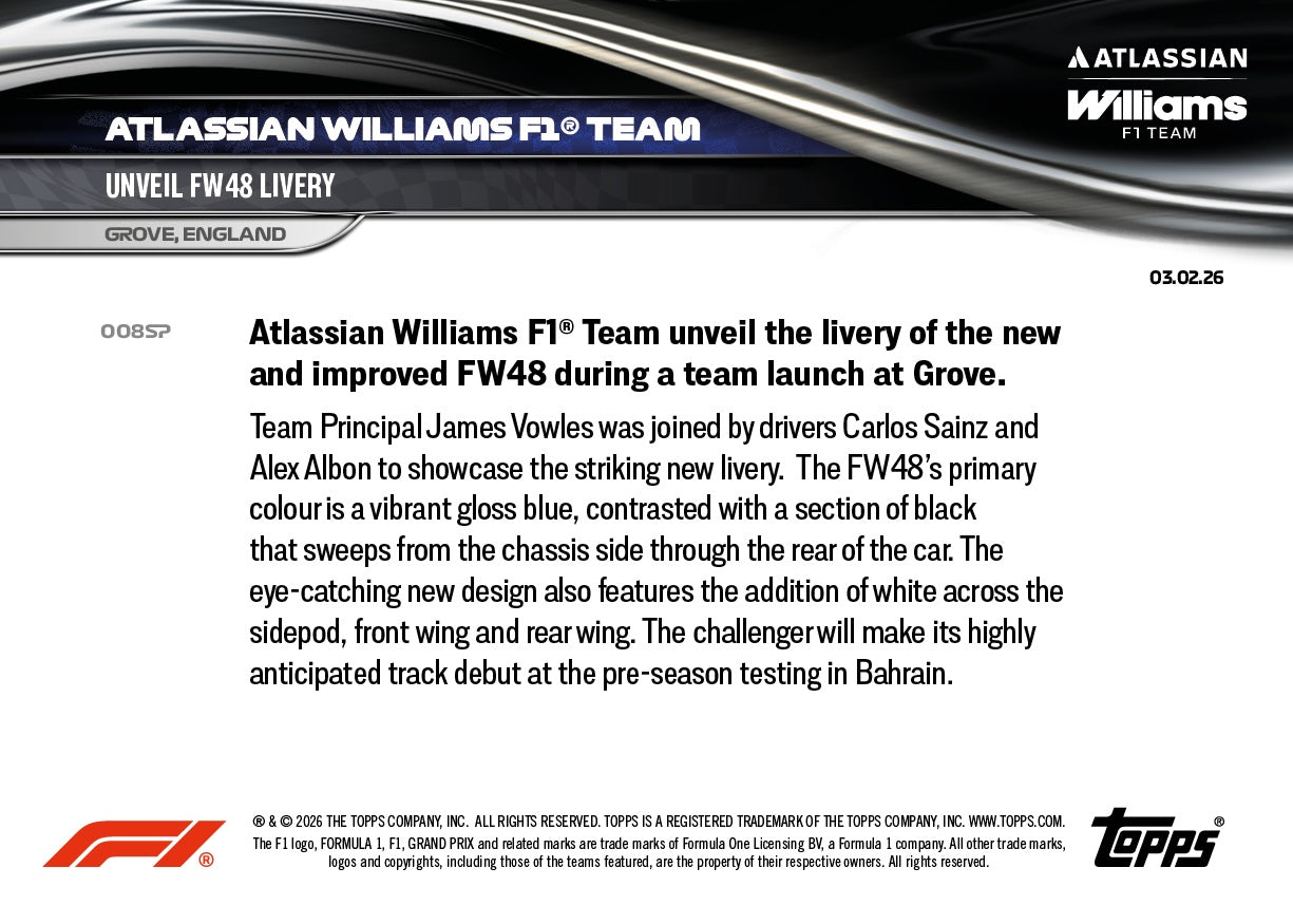 Atlassian Williams F1 Team - 2026 Formula 1 Topps NOW - Card 8 - PR: 1582 - Image 9