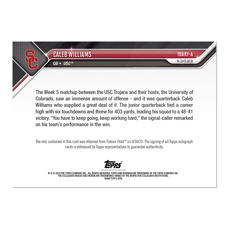 On-Card Auto-Relic # to 49 or Lower - Caleb Williams - 2023 Bowman U Now Card 10 - Image 4