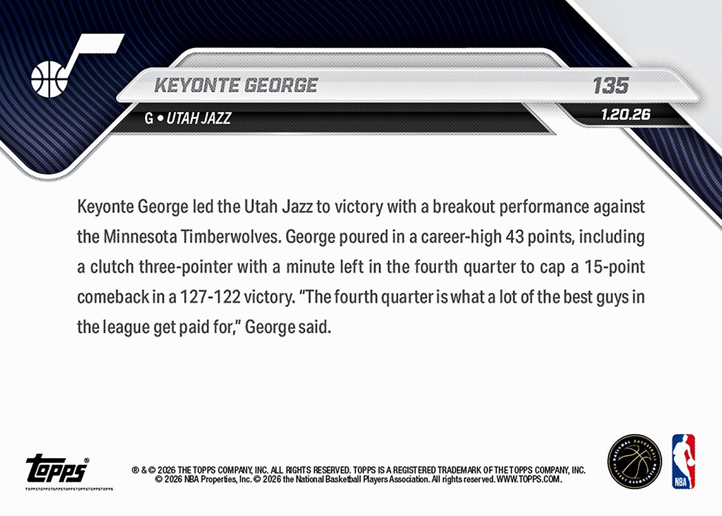 Keyonte George - 2025-26 NBA Topps NOW - Card 135 - PR: 482 - Image 2