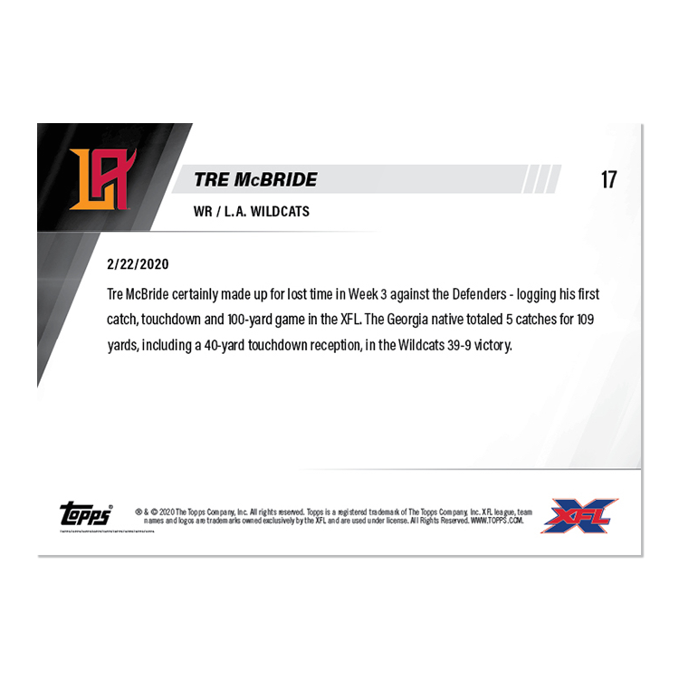 Tre McBride - XFL TOPPS NOW Card 17 - Print Run: 157 - Image 2