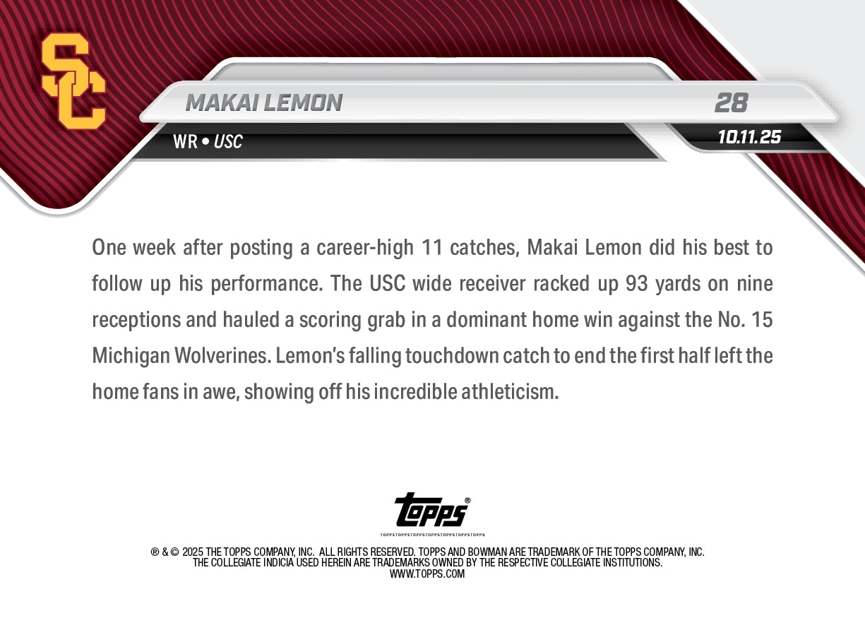 Makai Lemon - 2025-26 Bowman U NOW Football - Card 28 - PR: 466 - Image 3