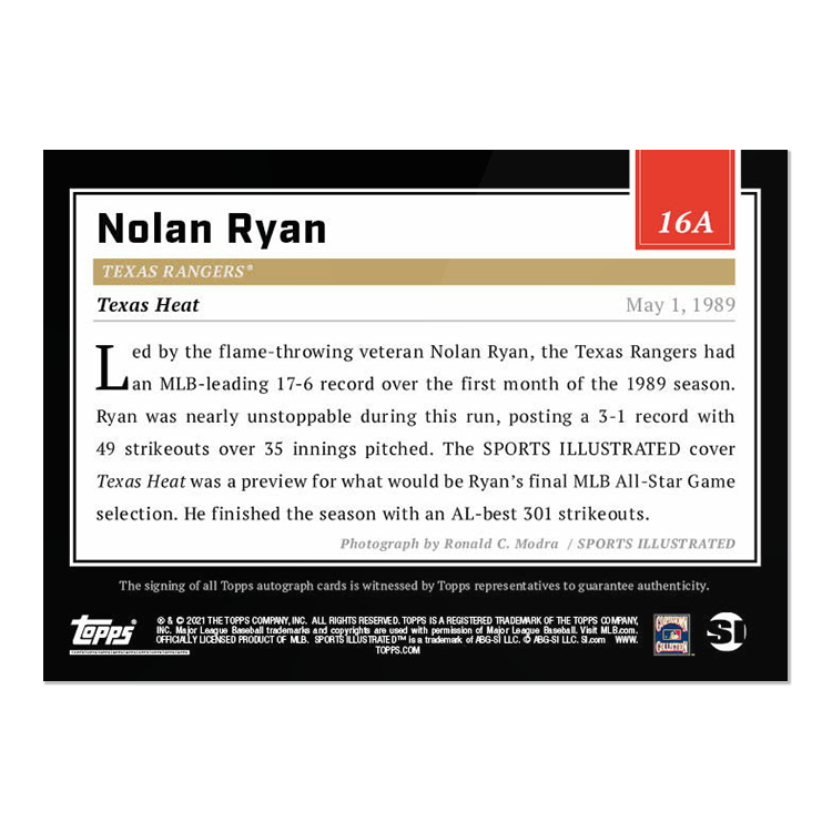 Alternative view of On-Card Auto # to 25 - 2021 Topps x Sports Illustrated - Nolan Ryan - Card #16A