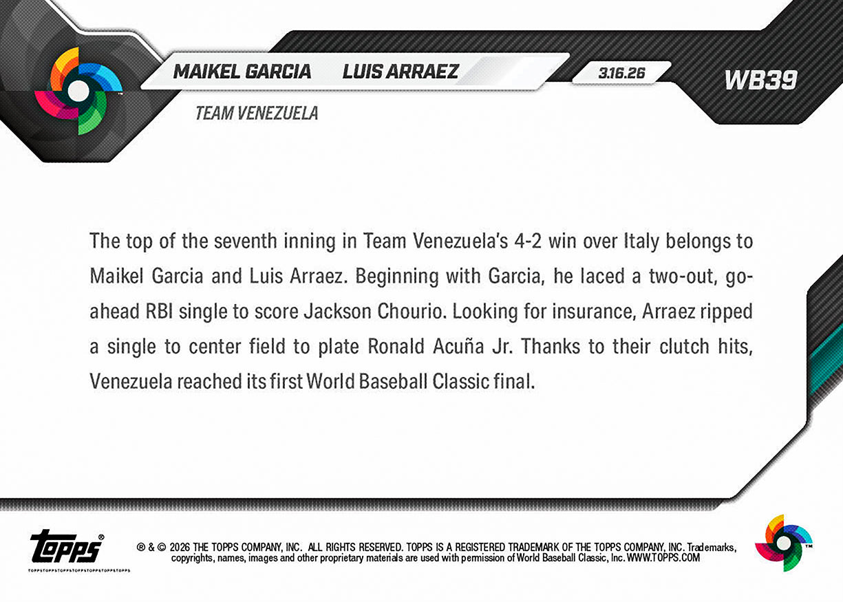 Maikel Garcia / Luis Arraez - 2026 World Baseball Classic Topps NOW - Card 39 - PR: 1291 - Image 2