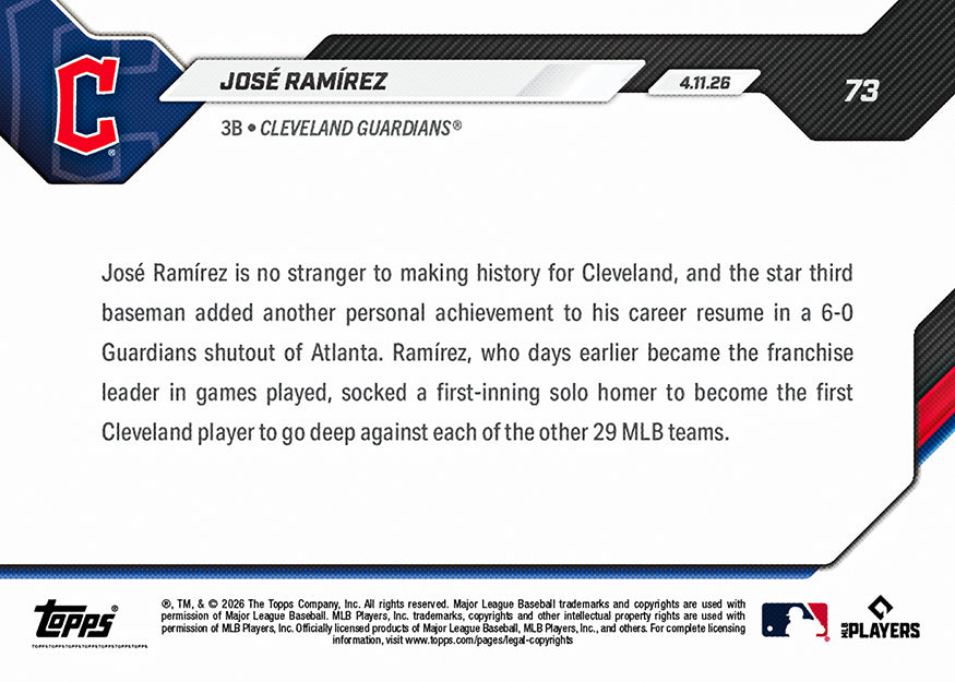 José Ramírez - 2026 MLB Topps NOW - Card 73 - PR: 1115 - Image 2