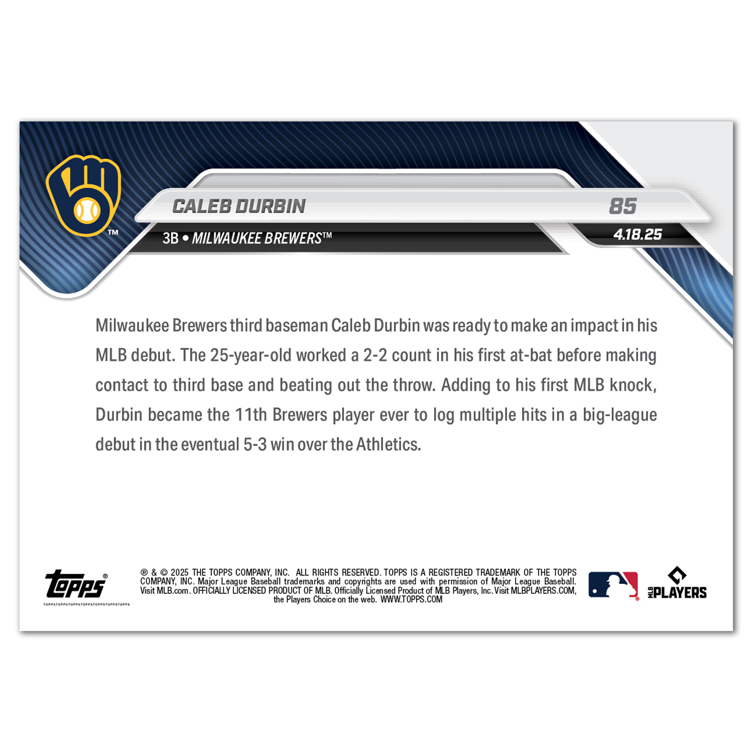 Caleb Durbin - 2025 MLB Topps NOW - Card 85 - PR: 999 - Image 2
