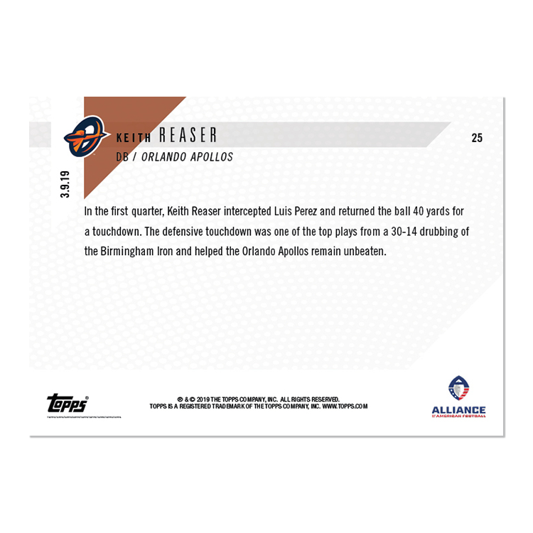 Keith Reaser - AAF TOPPS NOW Card 25 - Print Run: 219 - Image 2