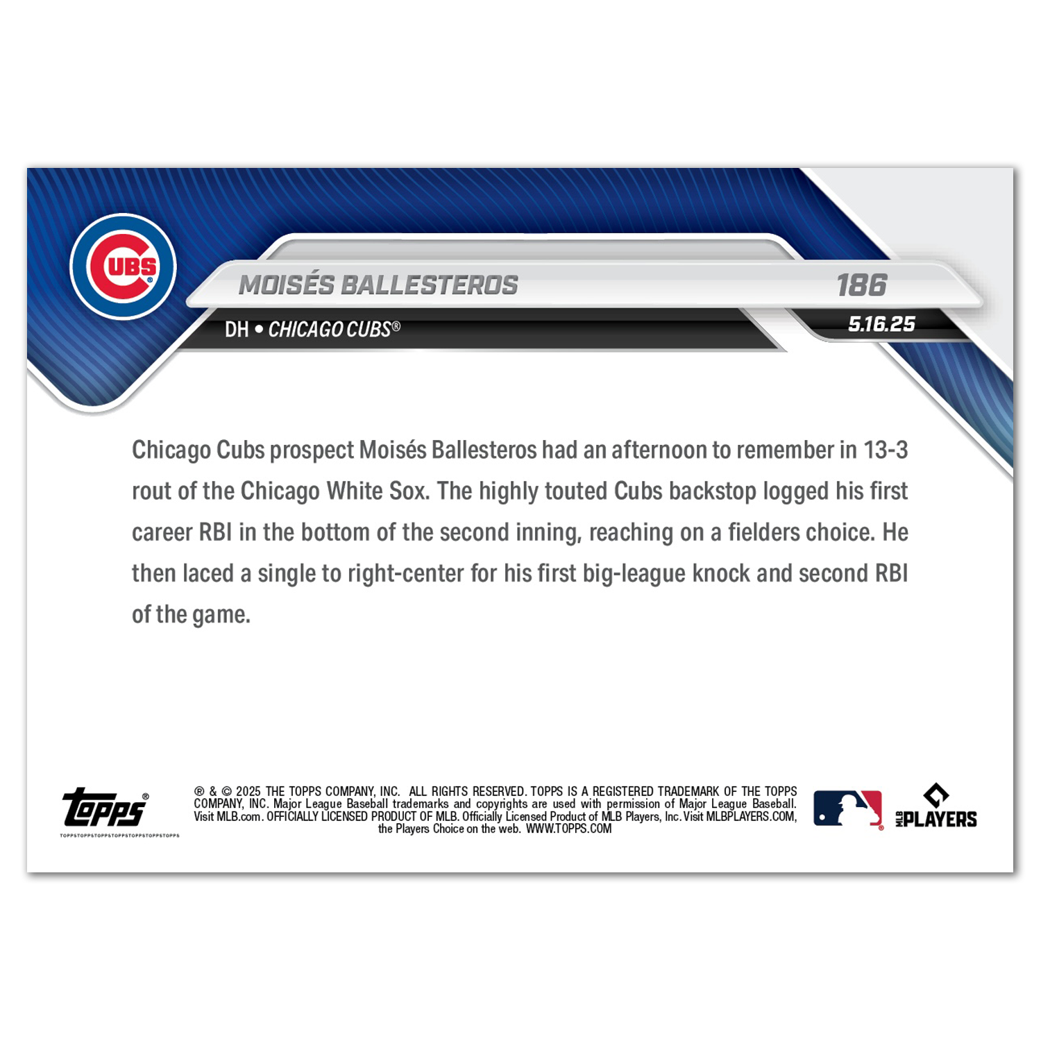 Moisés Ballesteros - 2025 MLB Topps NOW - Card 186 - PR: 1423 - Image 2